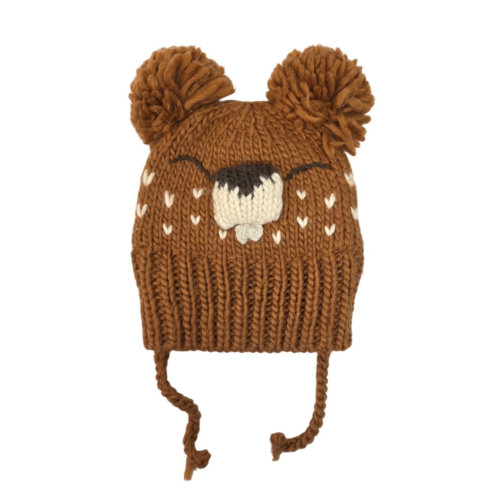 Zara Kids Toddler winter Knit Bear Pom Pom‎ Hat Brown White Heart
